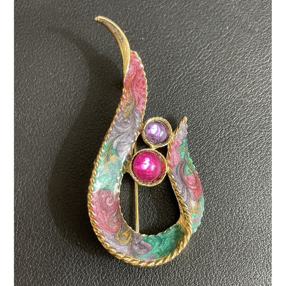 Vintage Jewelry - Vintage Swirl Enamel Loop Brooch Asymmetrical Pin Pink Purple Gold Tone Jewelry